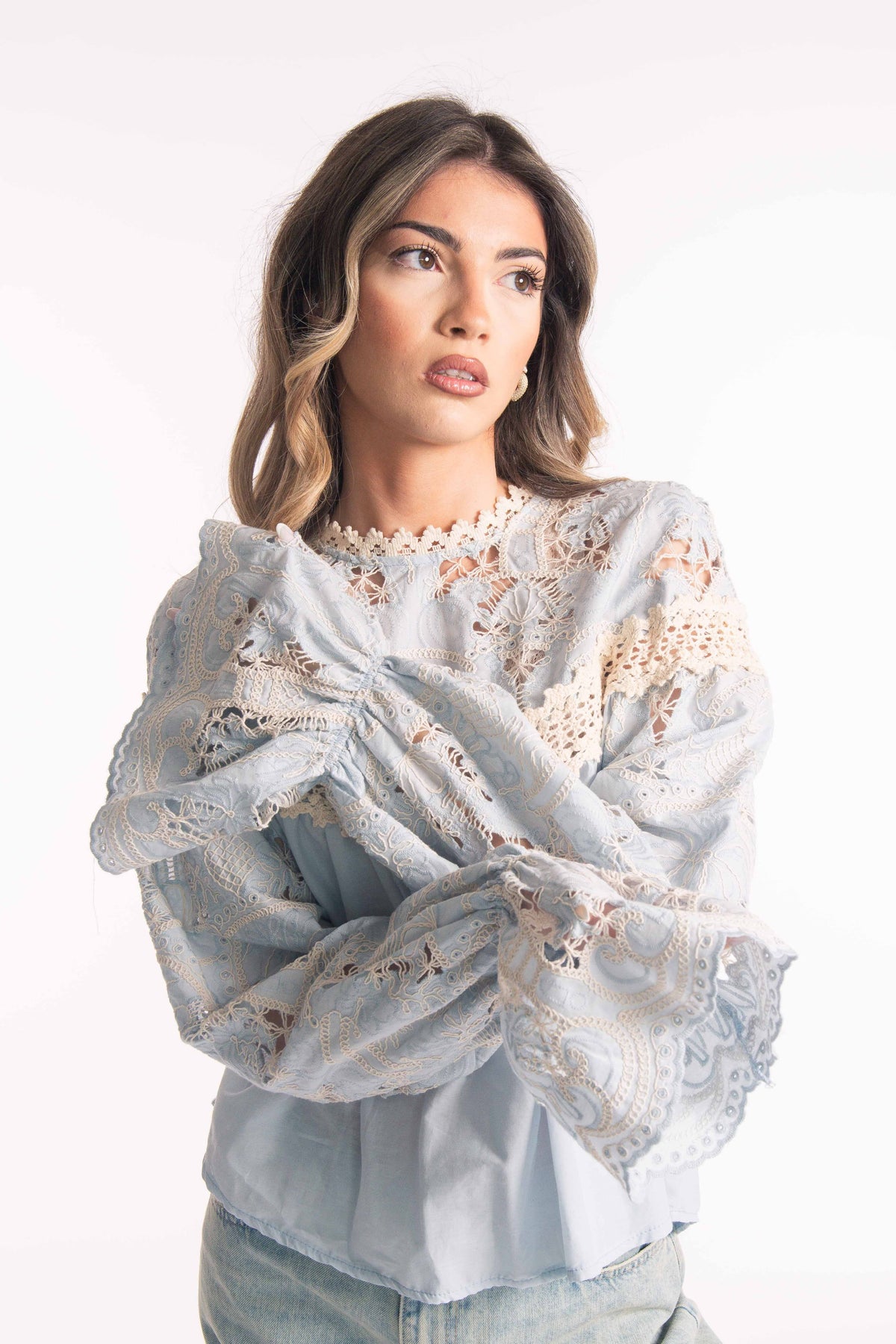 Blusa con Pizzo e Ricami Celeste donna Tensione in - 2