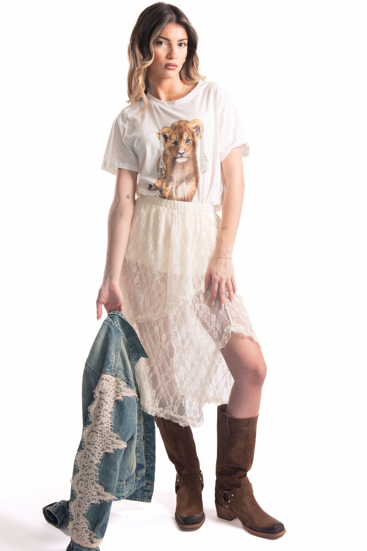 Gonna Midi in Pizzo Semitrasparente donna Tensione in - 3