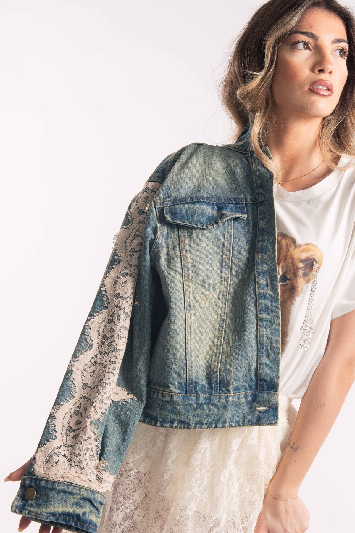 Giubbino Denim Con Inserti in Pizzo donna Tensione in - 2