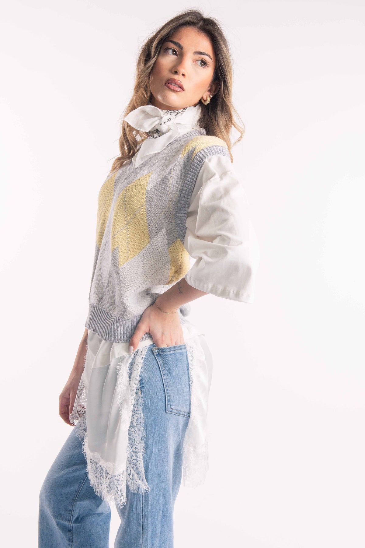Gilet in Maglia a Rombi donna Miss love - 4
