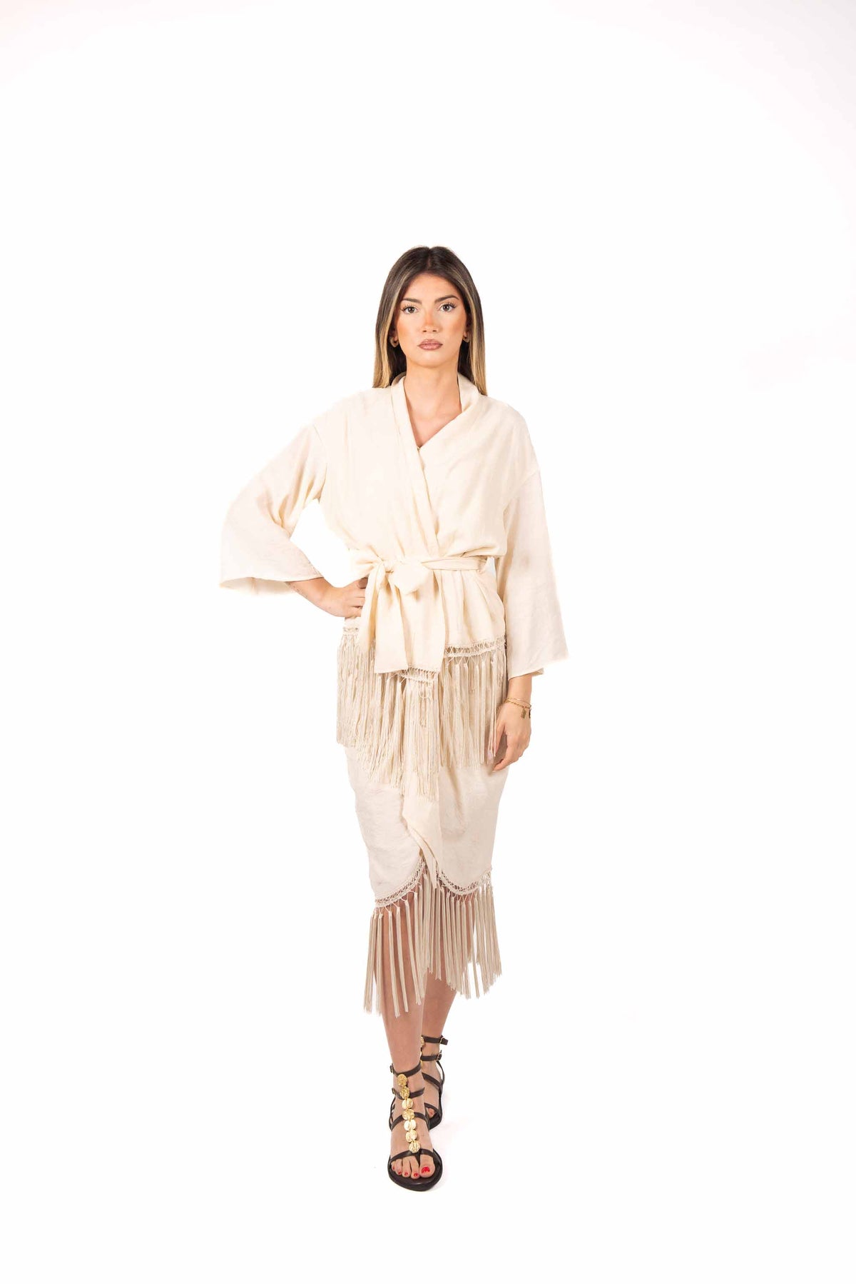 Kimono con Frange e Cintura Burro donna Tensione in - 2