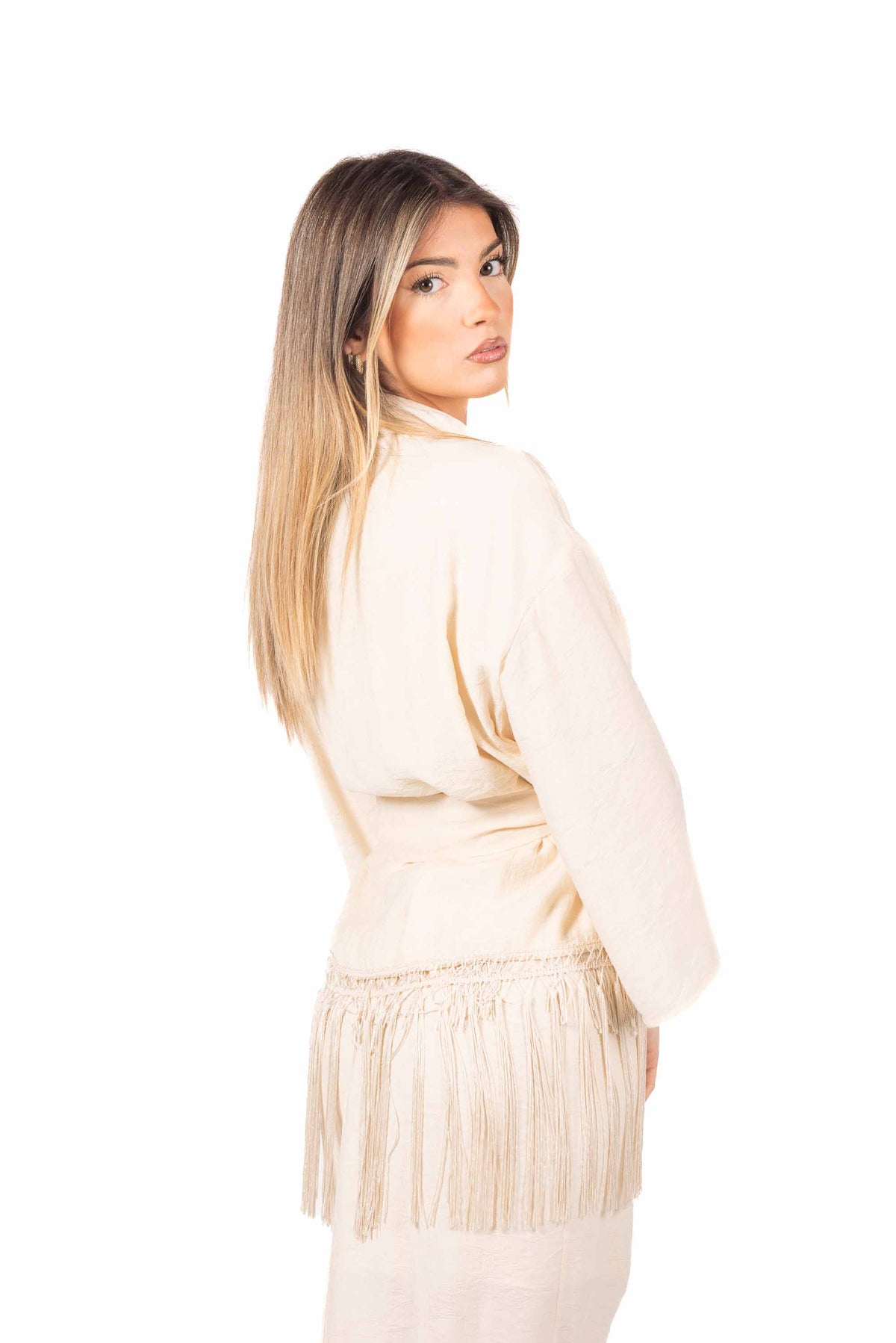 Kimono con Frange e Cintura Burro donna Tensione in - 3
