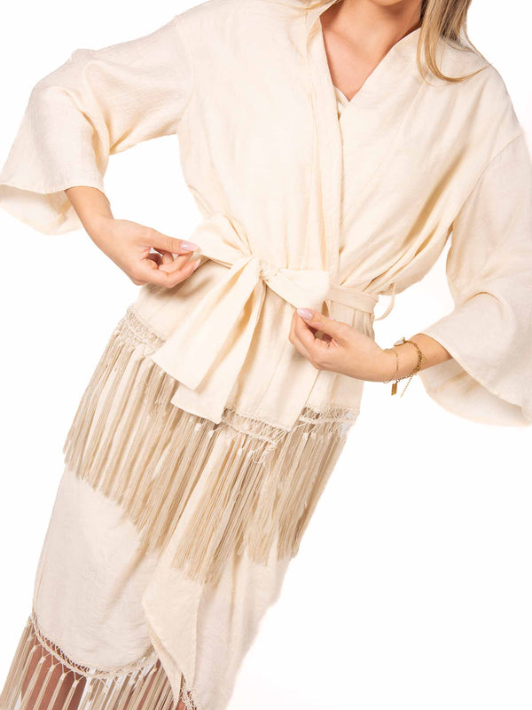 Kimono con Frange e Cintura Burro da donna Tensione in