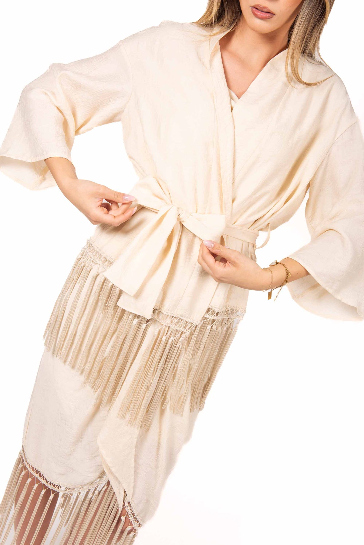Kimono con Frange e Cintura Burro donna Tensione in - 1