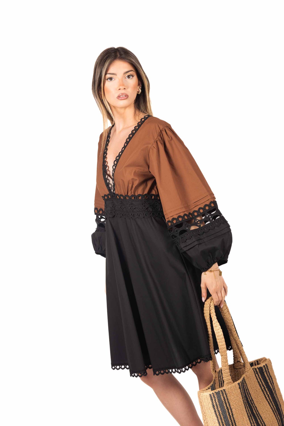 Abito con Ricami Bicolor Tabacco/Nero donna Tensione in - 4