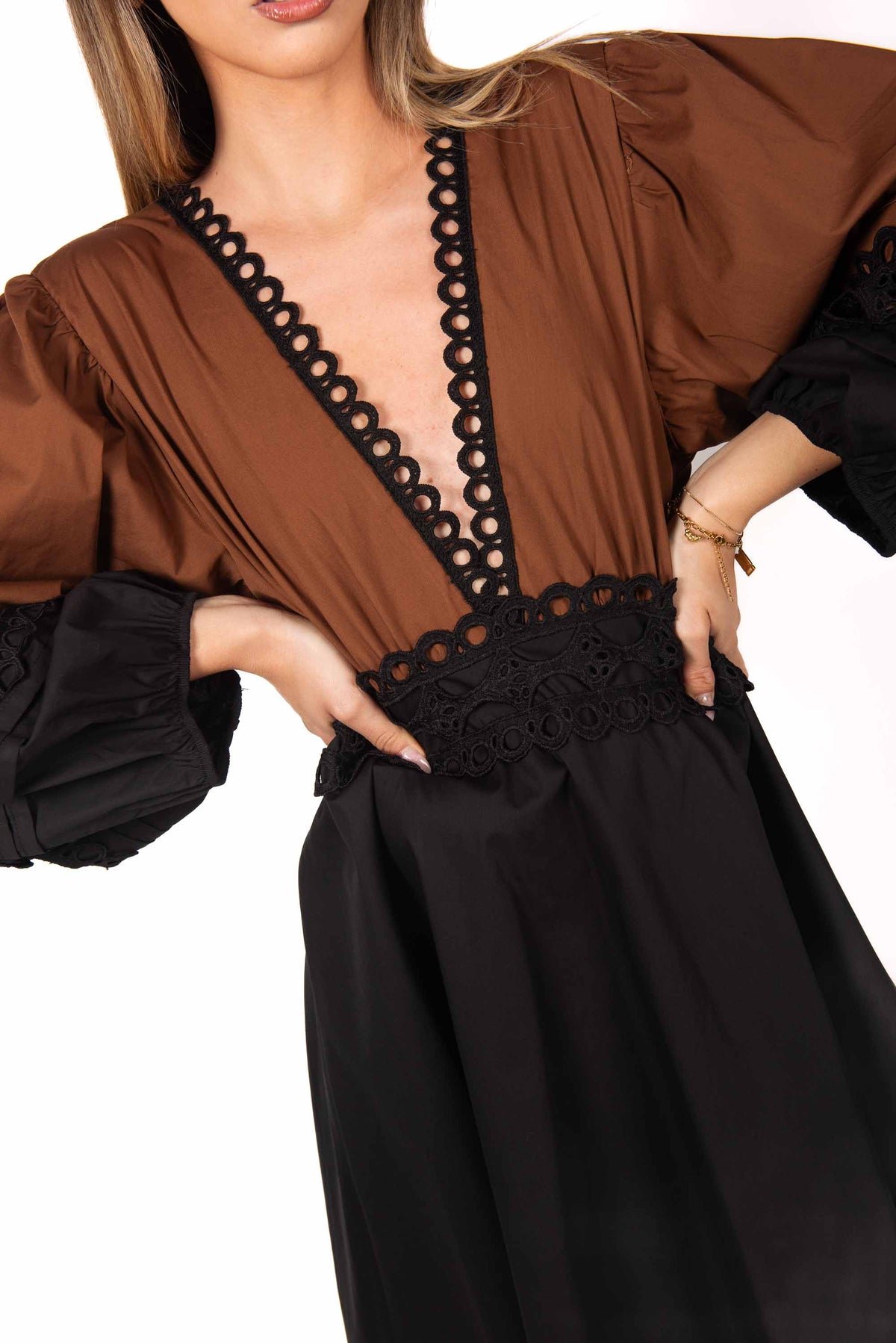 Abito con Ricami Bicolor Tabacco/Nero donna Tensione in - 5
