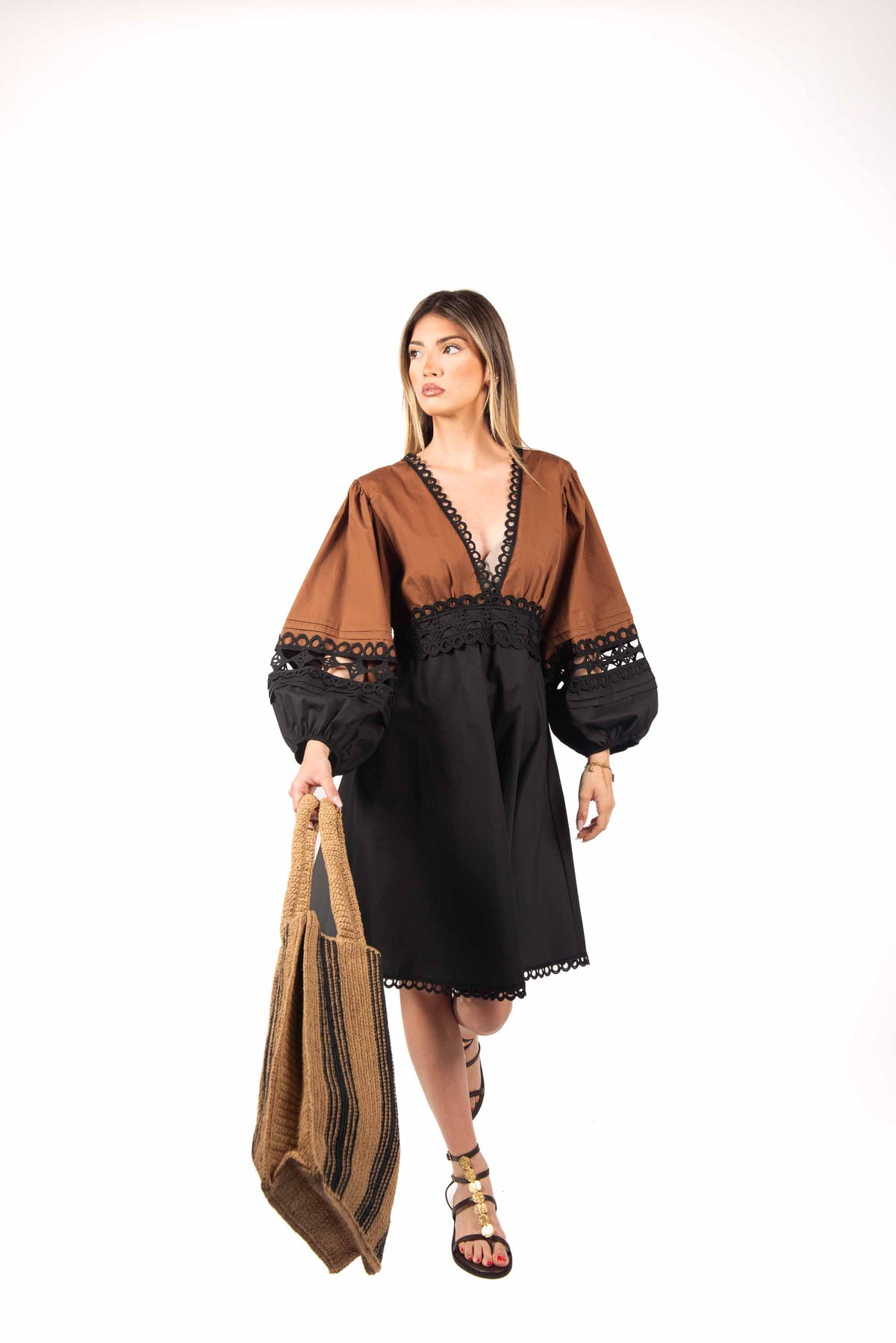 Abito con Ricami Bicolor Tabacco/Nero donna Tensione in - 6