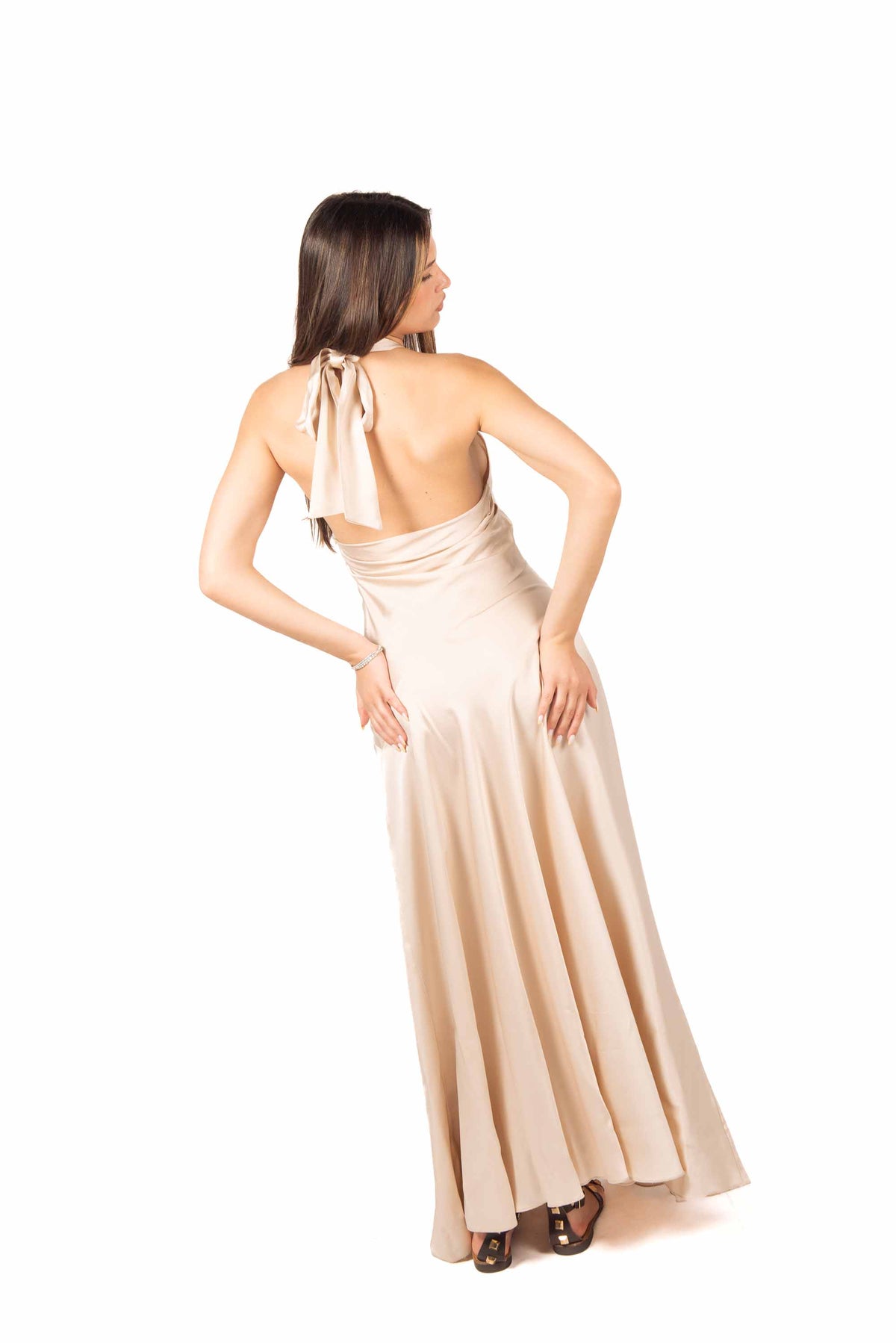 Abito Satinato con Fiocco Beige donna Tensione in - 6