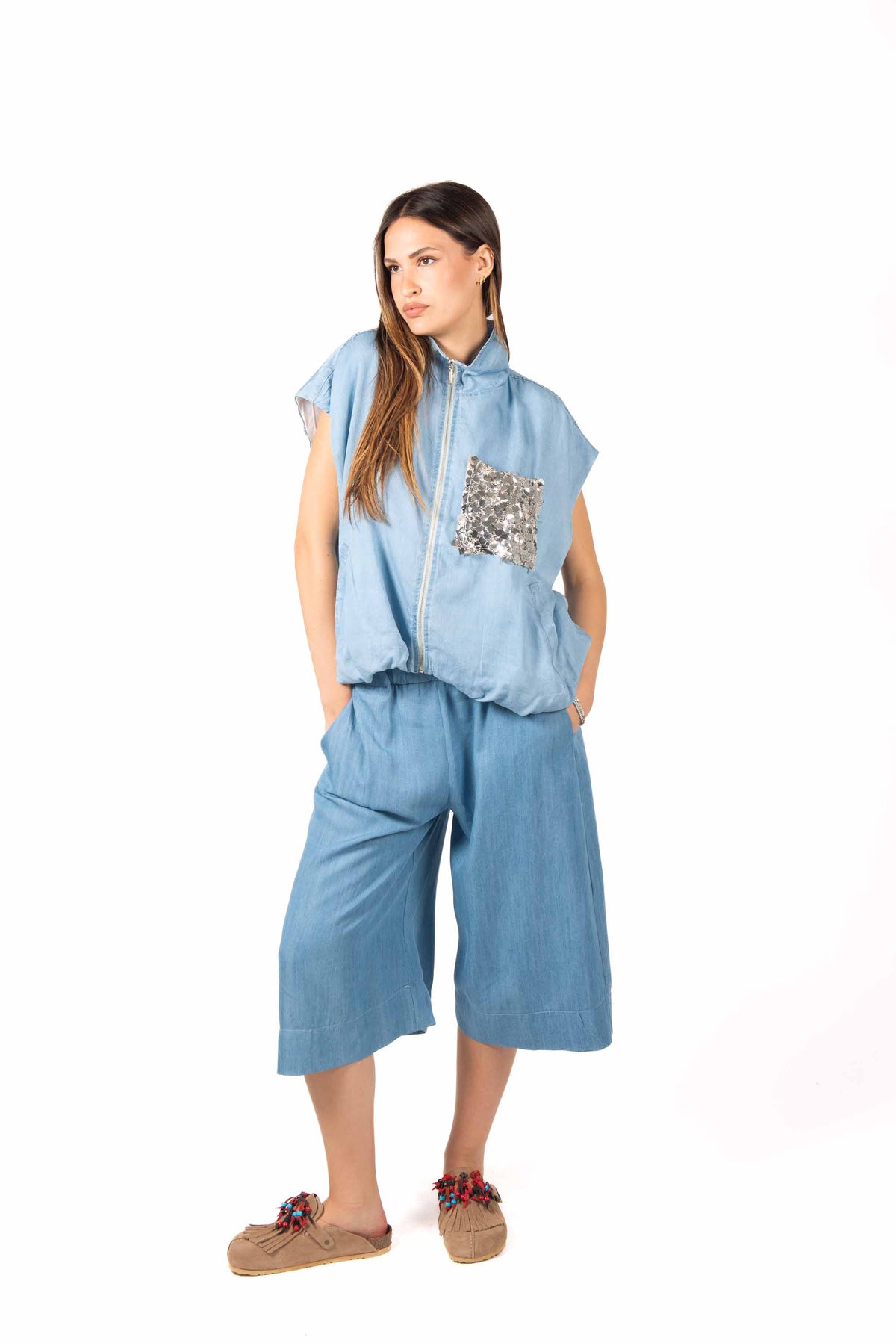 Bermuda Effetto Denim donna Tensione in - 4