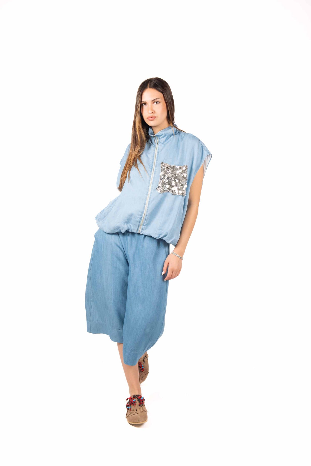 Gilet Effetto Denim Taschino Paillettes donna Tensione in - 4