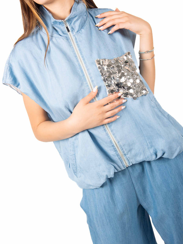 Gilet Effetto Denim Taschino Paillettes da donna Tensione in