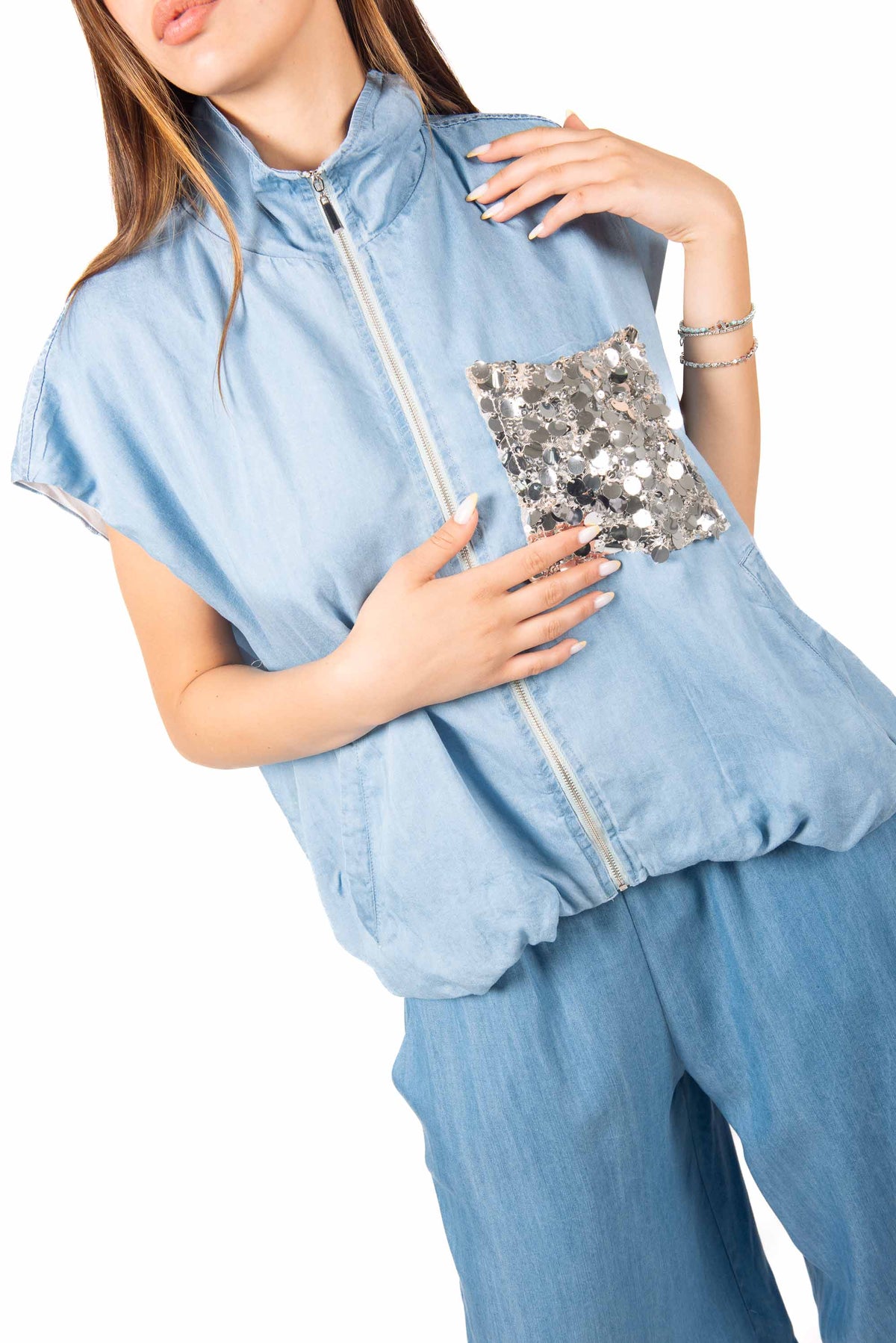 Gilet Effetto Denim Taschino Paillettes donna Tensione in - 1