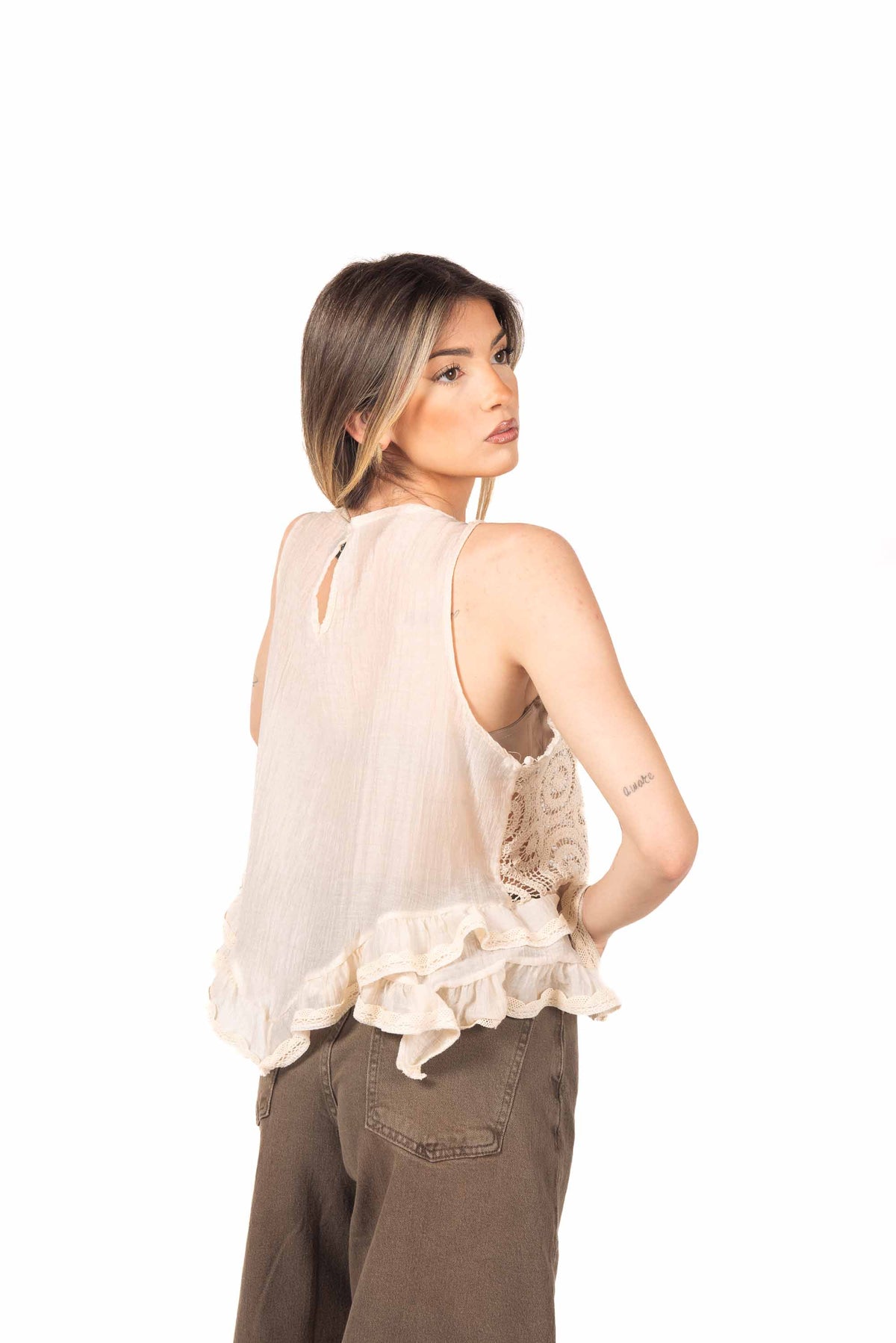Top Crochet con Volant Beige donna Miss love - 3