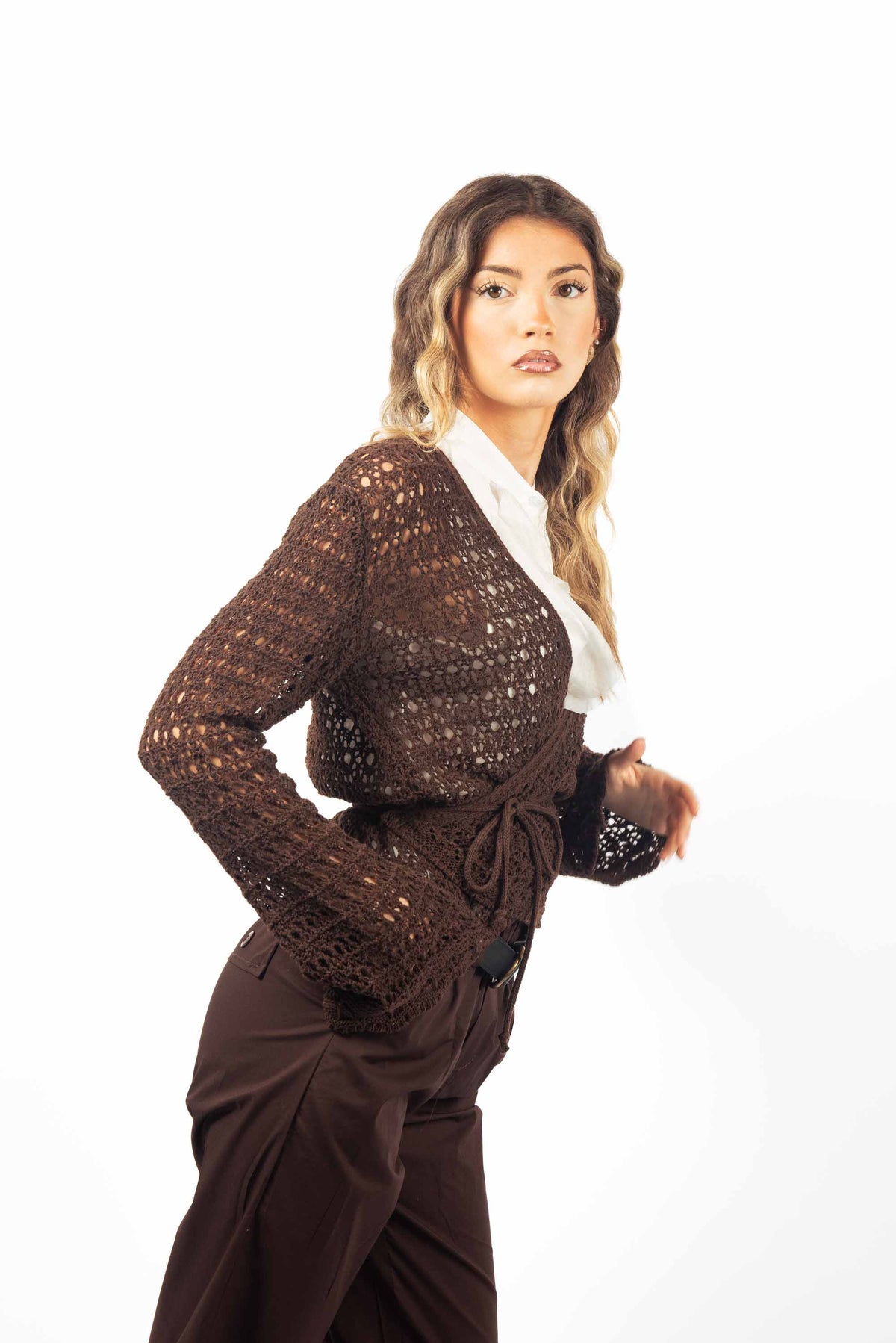 Cardigan a Incrocio in Maglia Traforata Cioccolato donna Miss love - 4
