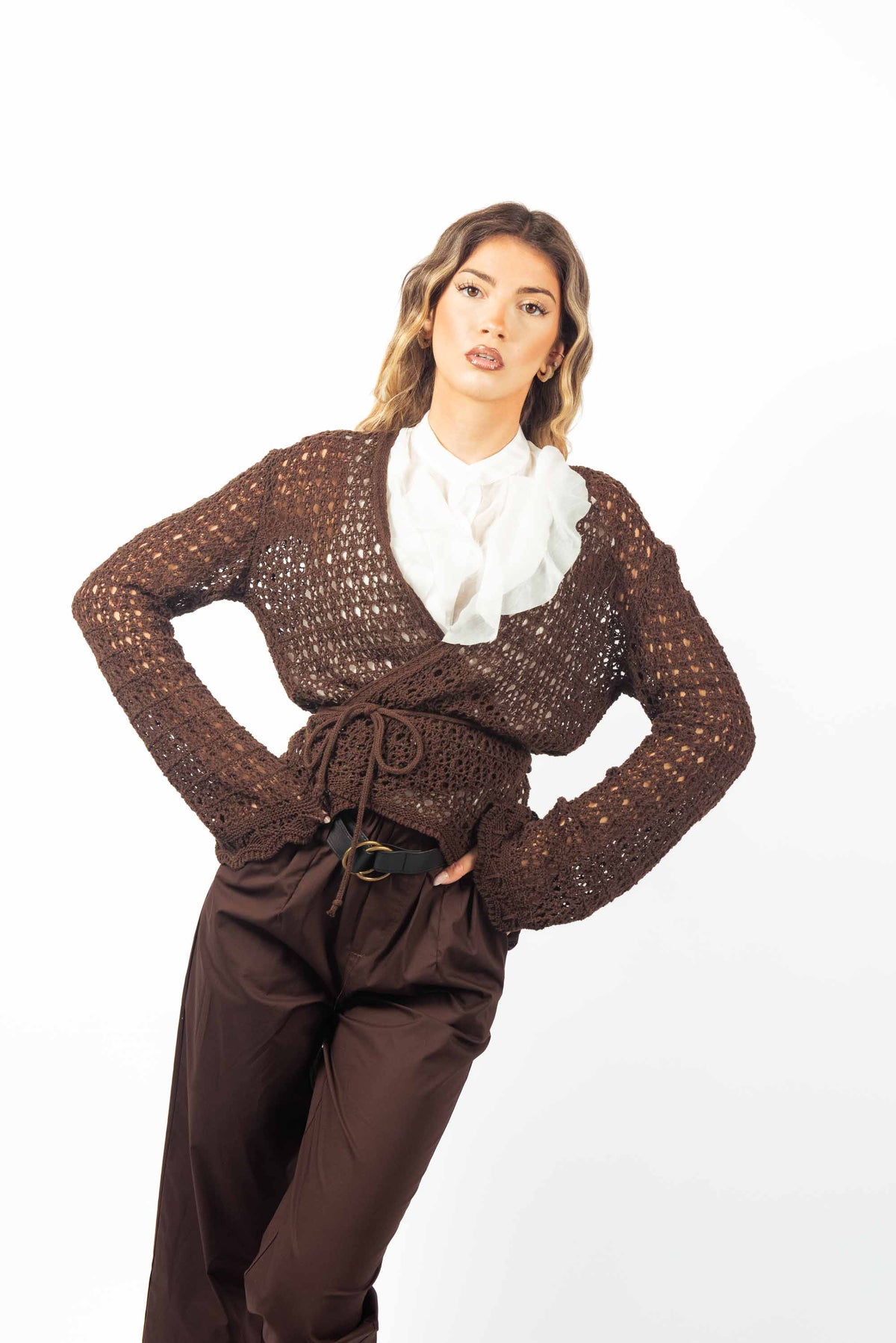 Cardigan a Incrocio in Maglia Traforata Cioccolato donna Miss love - 5