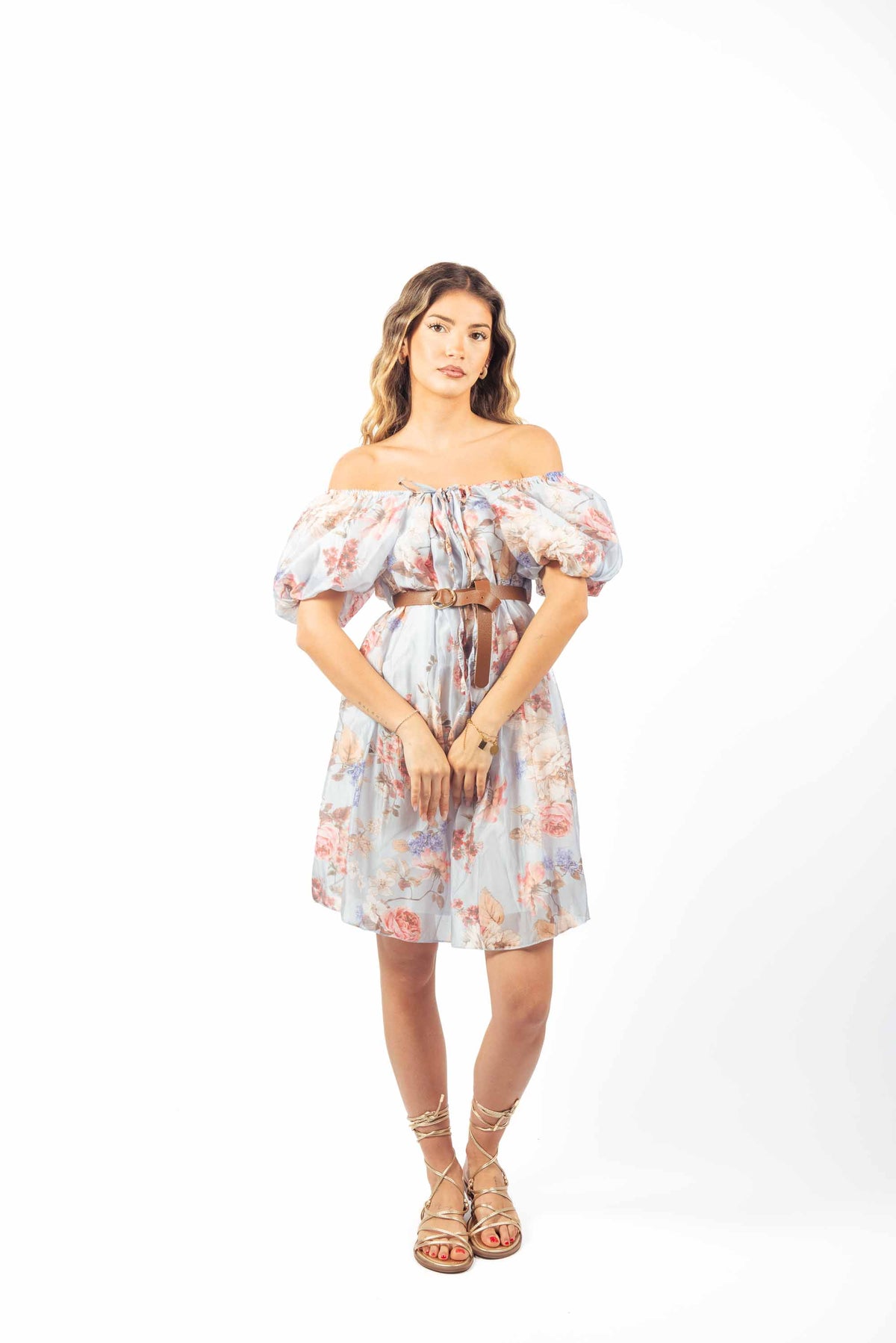 Abito Corto a Fiori con Scollo Bardot donna Miss love - 2