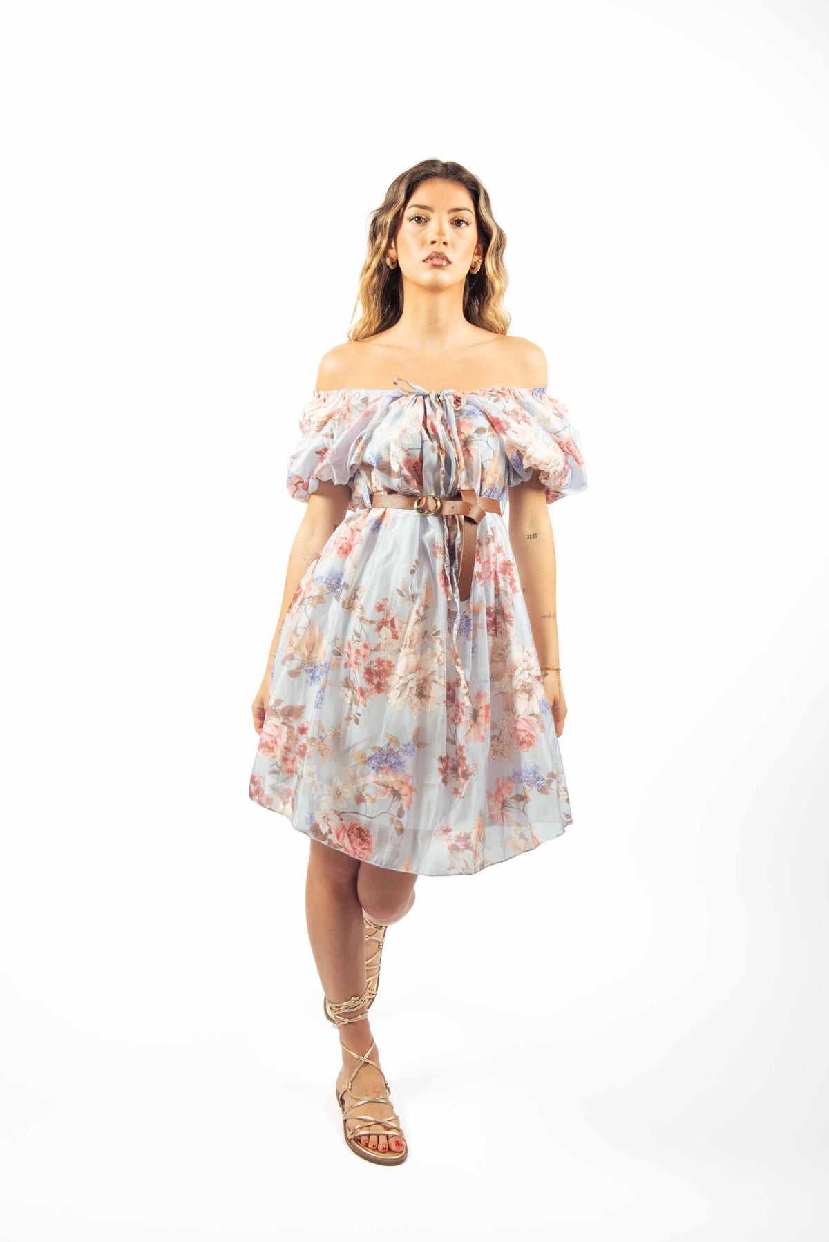 Abito Corto a Fiori con Scollo Bardot donna Miss love - 6