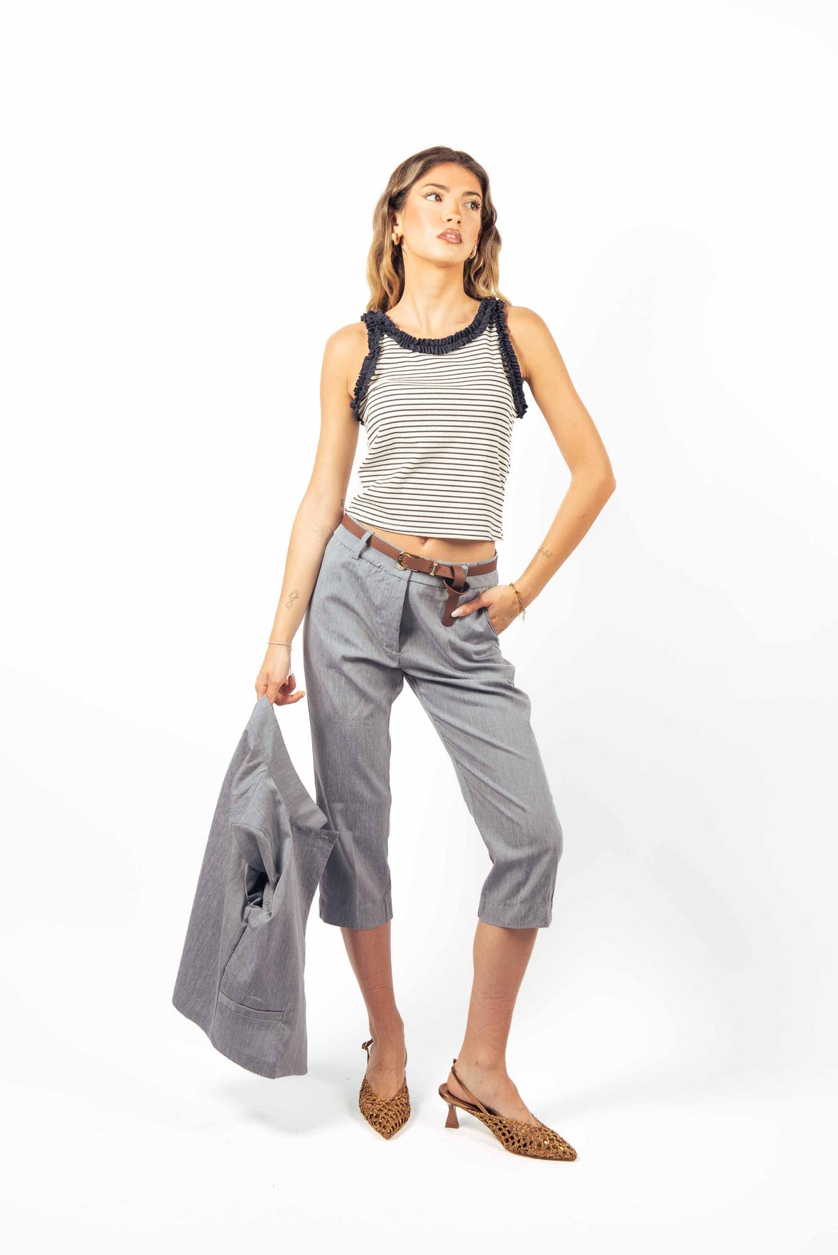 Pantaloni effetto Lino con Cintura Celeste donna Miss love - 2