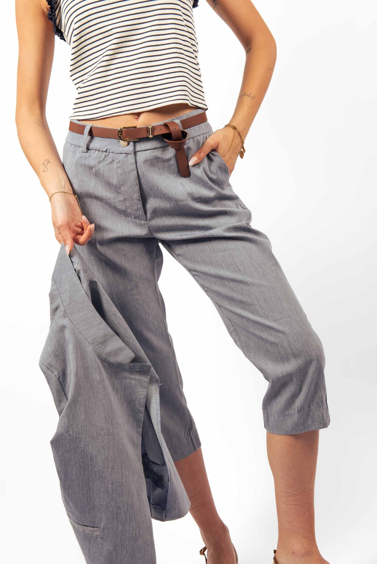 Pantaloni effetto Lino con Cintura Celeste donna Miss love - 1