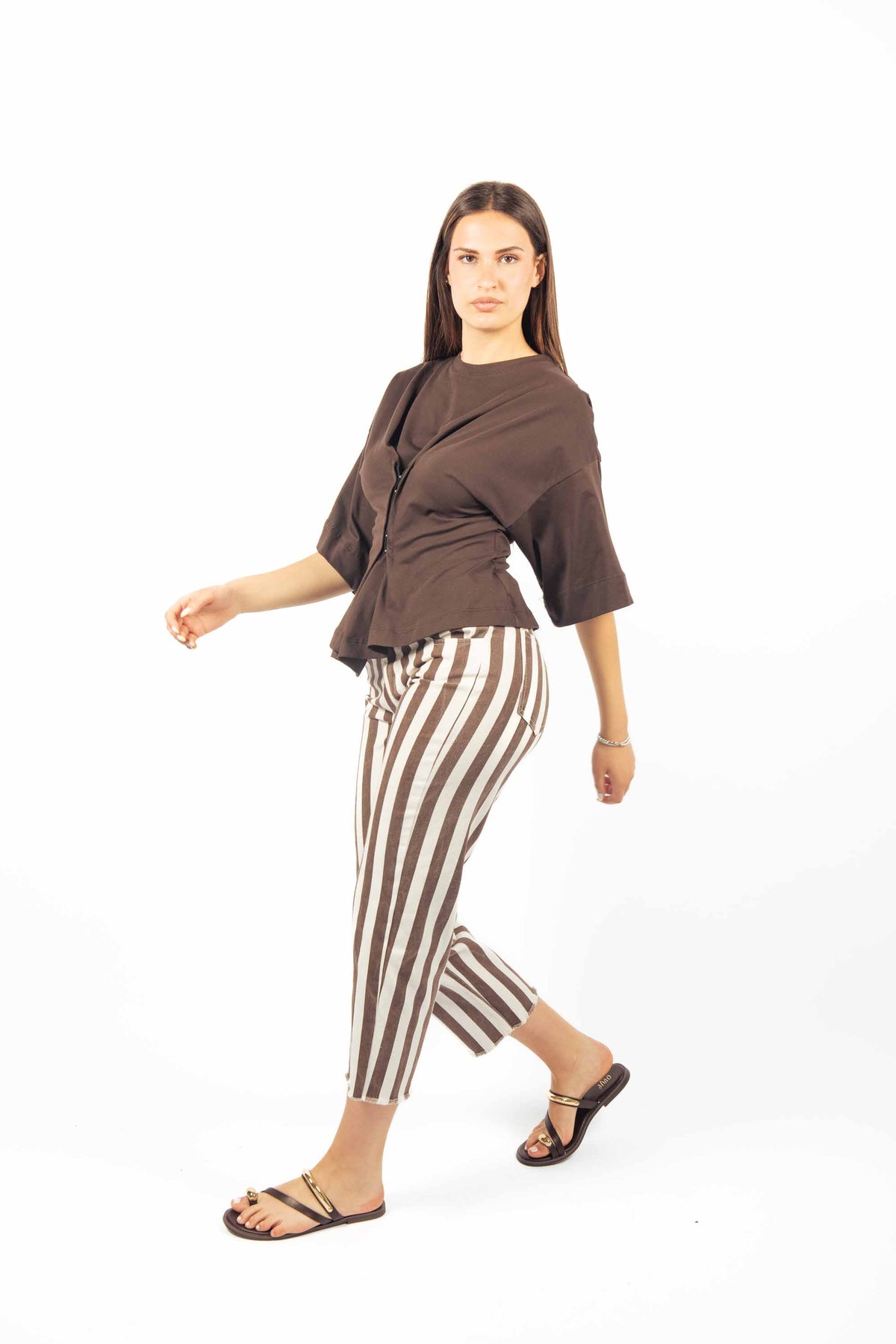 Pantaloni Denim a Righe Bianco/Marrone donna Tensione in - 3