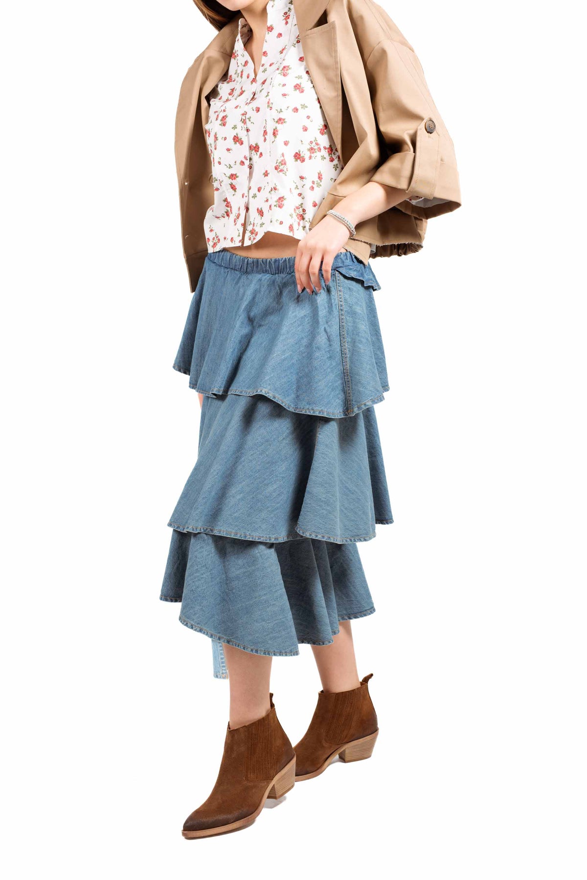 Gonna Midi Denim a Balze donna Tensione in - 3