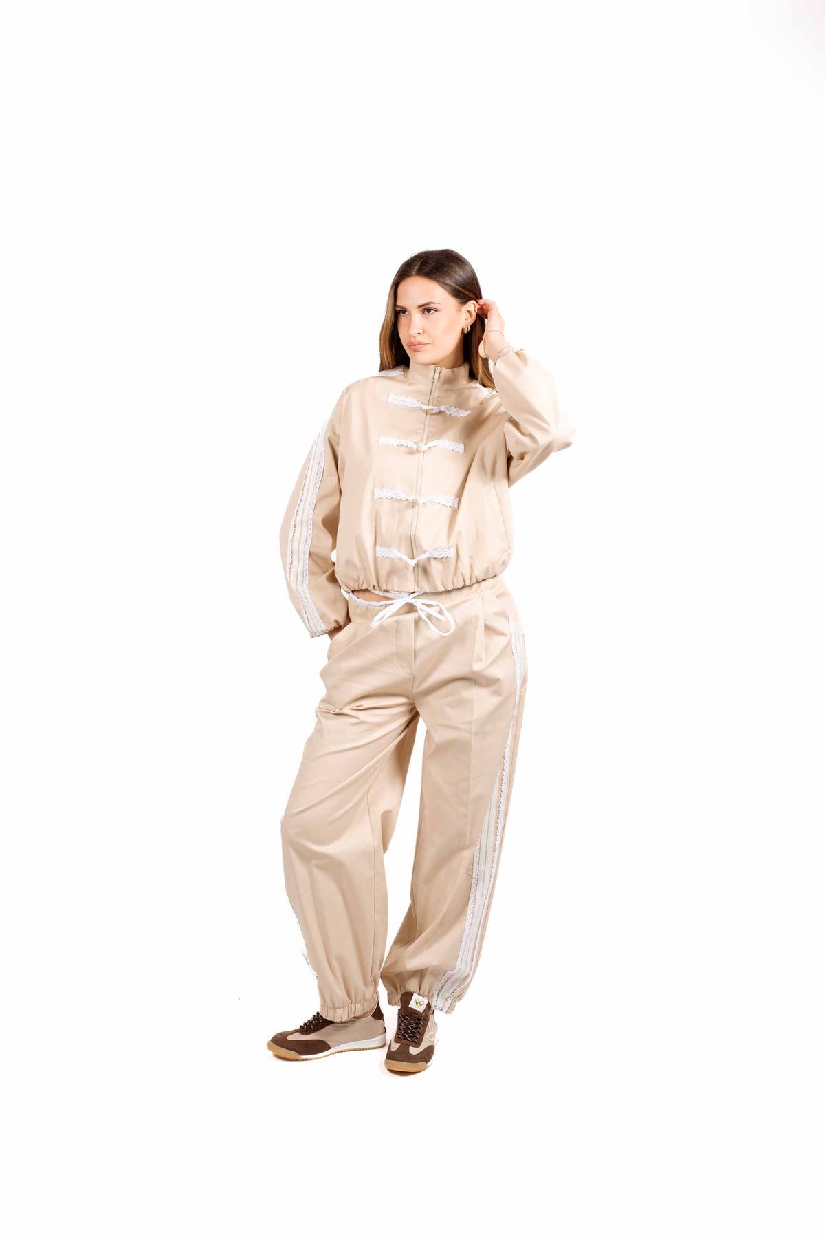 Pantaloni con Bande in Pizzo Beige donna Maryley - 6