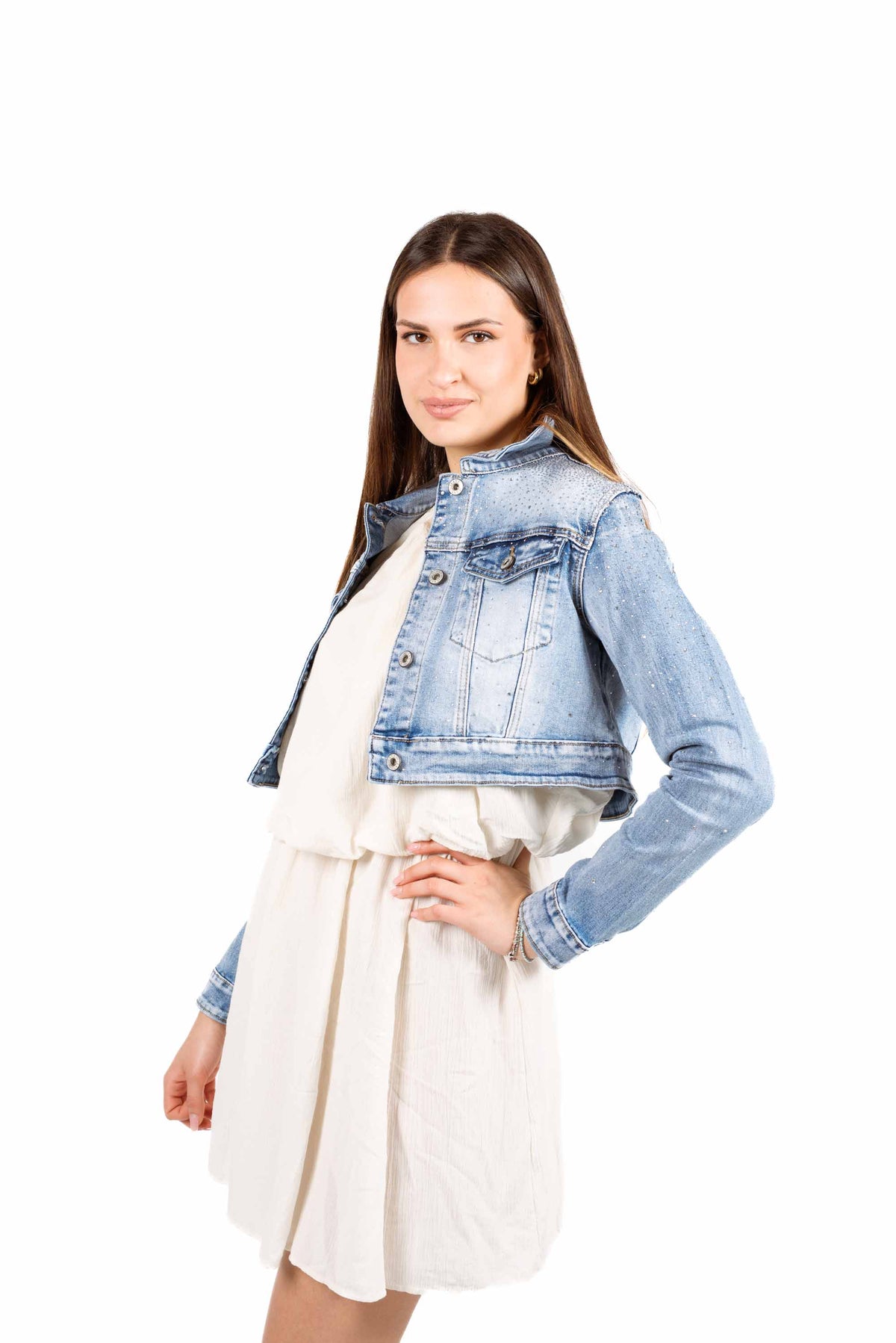 Giubbino Denim Cropped con Applicazione di Micro-strass donna Miss love - 4