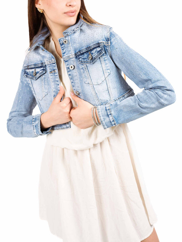 Giubbino Denim Cropped con Applicazione di Micro-strass da donna Miss love