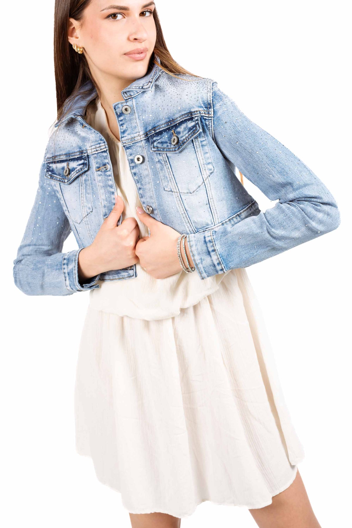 Giubbino Denim Cropped con Applicazione di Micro-strass donna Miss love - 1