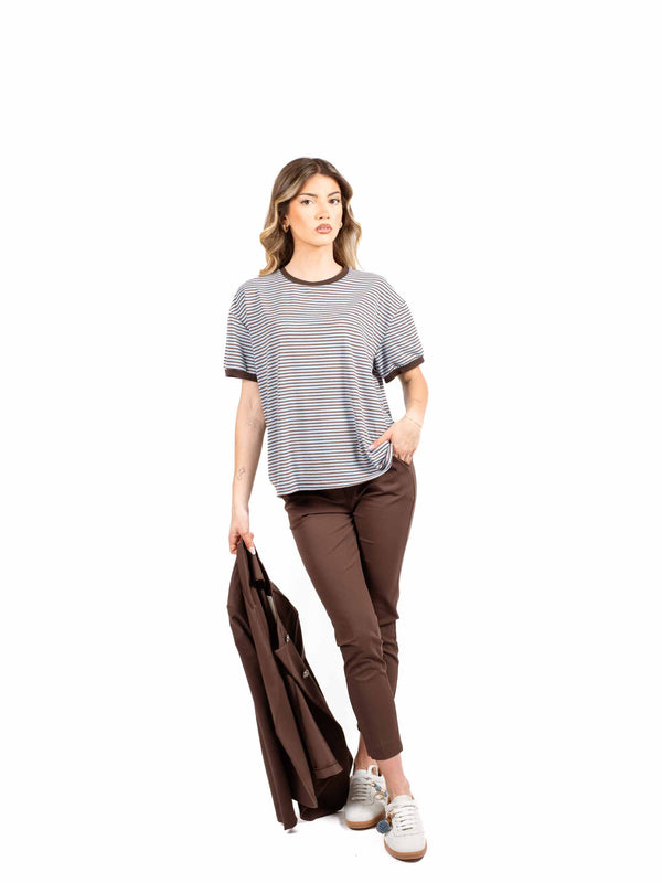 T-shirt Over a Righe Celeste/Marrone da donna Miss love