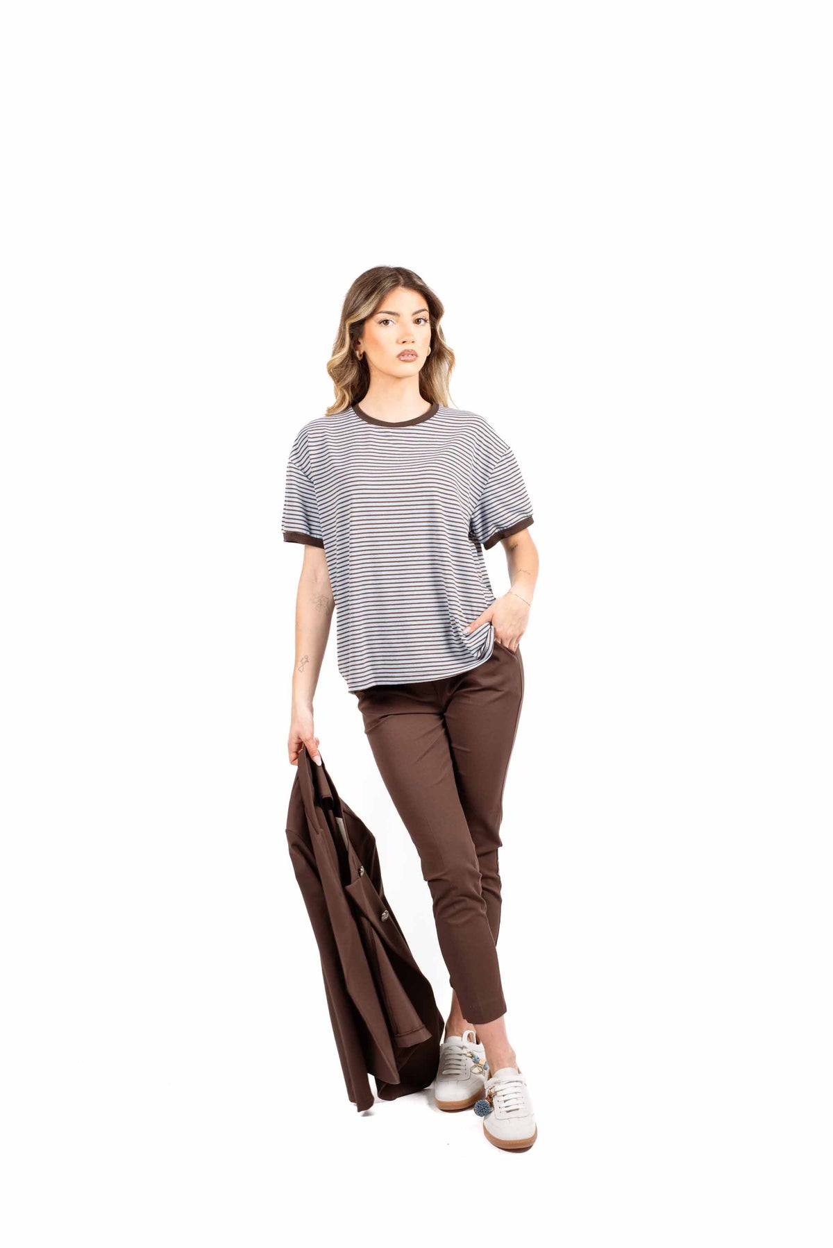 T-shirt Over a Righe Celeste/Marrone donna Miss love - 1