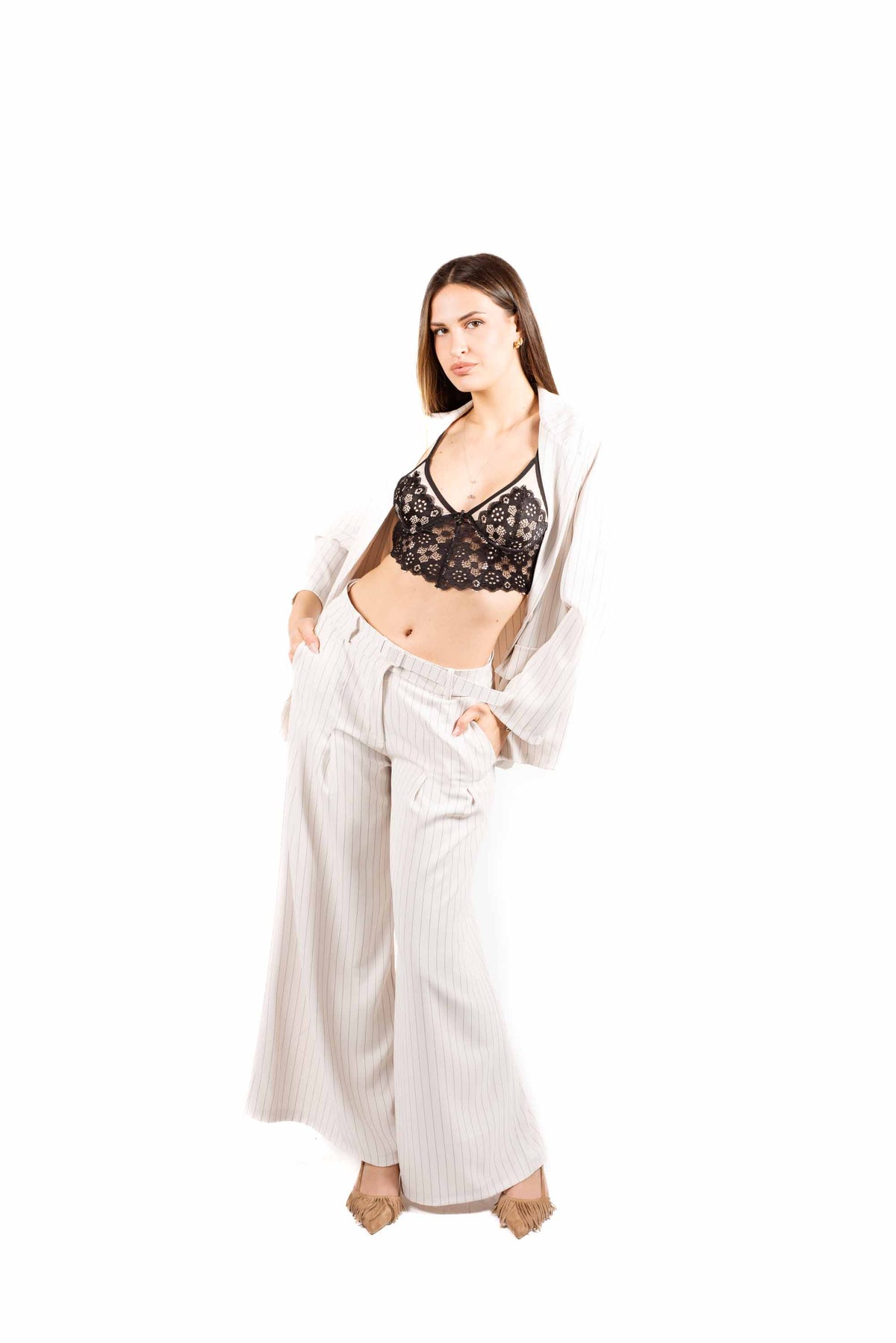 Pantaloni Palazzo Gessati Panna donna Miss love - 2