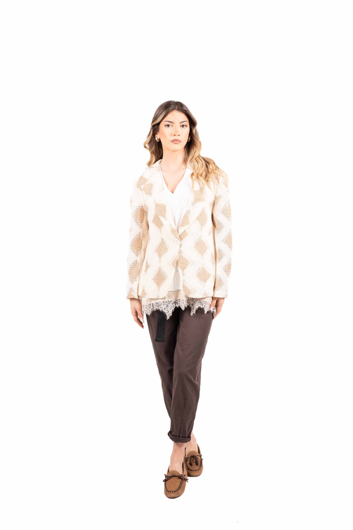Blazer a Rete Ricamato Panna donna Miss love - 2