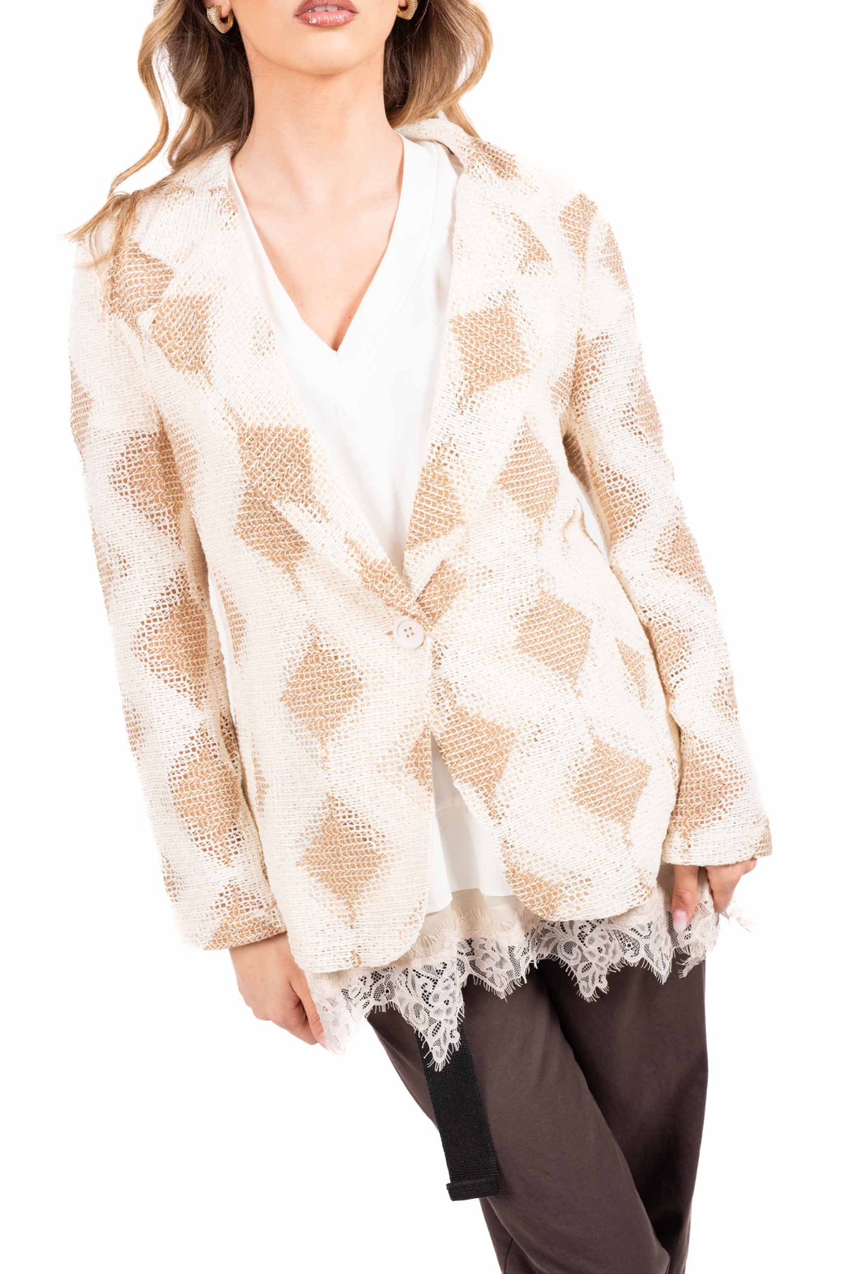 Blazer a Rete Ricamato Panna donna Miss love - 1