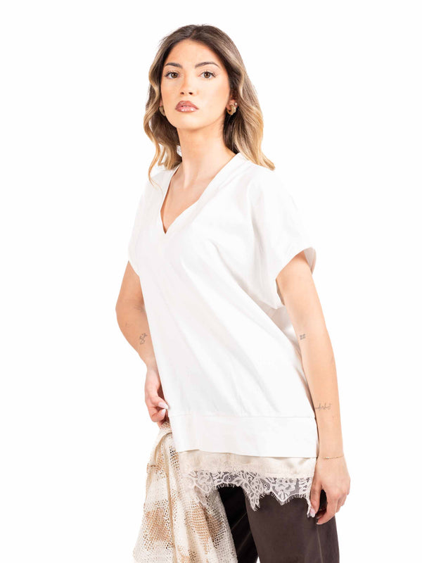 T-shirt Bianca con Balza in Pizzo da donna Miss love