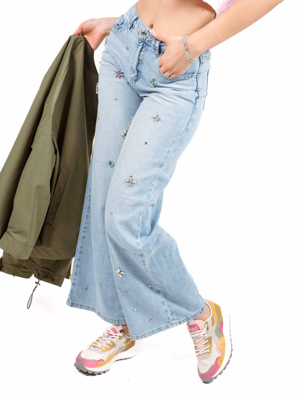 Jeans Wide Leg con Applicazioni Jewel da donna Miss love