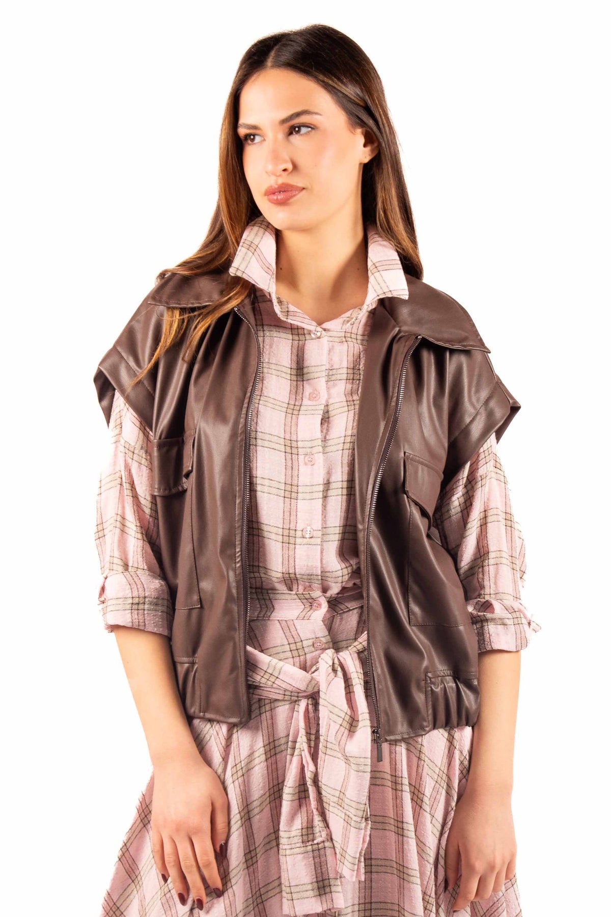 Gilet in Ecopelle Marrone donna Miss love - 1
