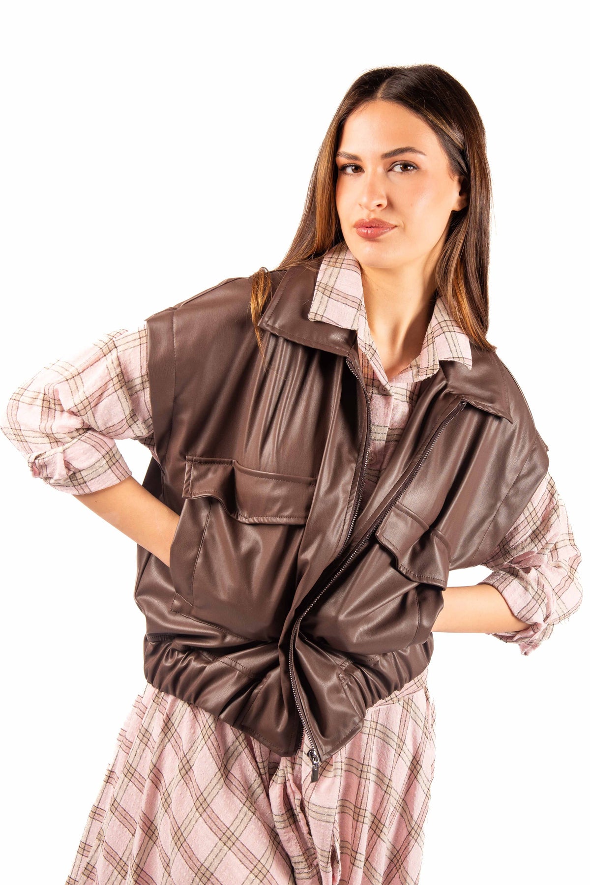 Gilet in Ecopelle Marrone donna Miss love - 3