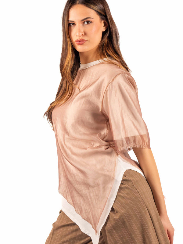 T-Shirt Effetto doppio Asimmetrica Beige da donna Tensione in