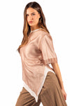 T-Shirt Effetto doppio Asimmetrica Beige donna Tensione in - 1