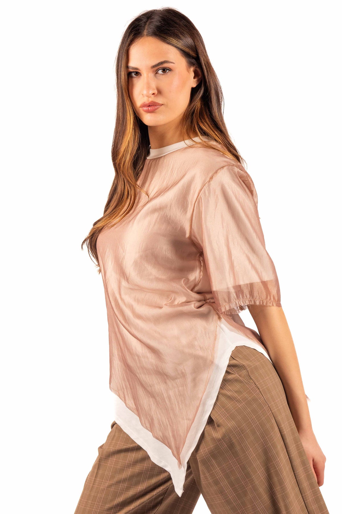 T-Shirt Effetto doppio Asimmetrica Beige donna Tensione in - 1