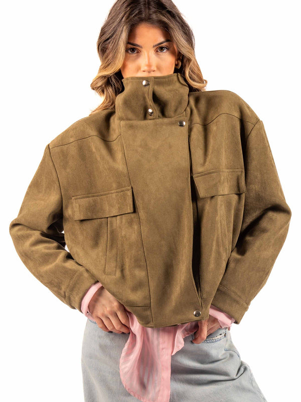 Bomber effetto Scamosciato con Collo Alto Militare da donna Tensione in