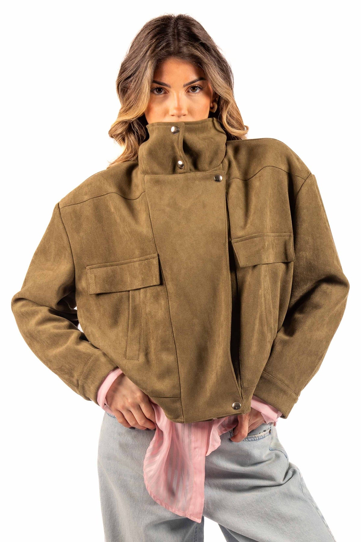 Bomber effetto Scamosciato con Collo Alto Militare donna Tensione in - 1