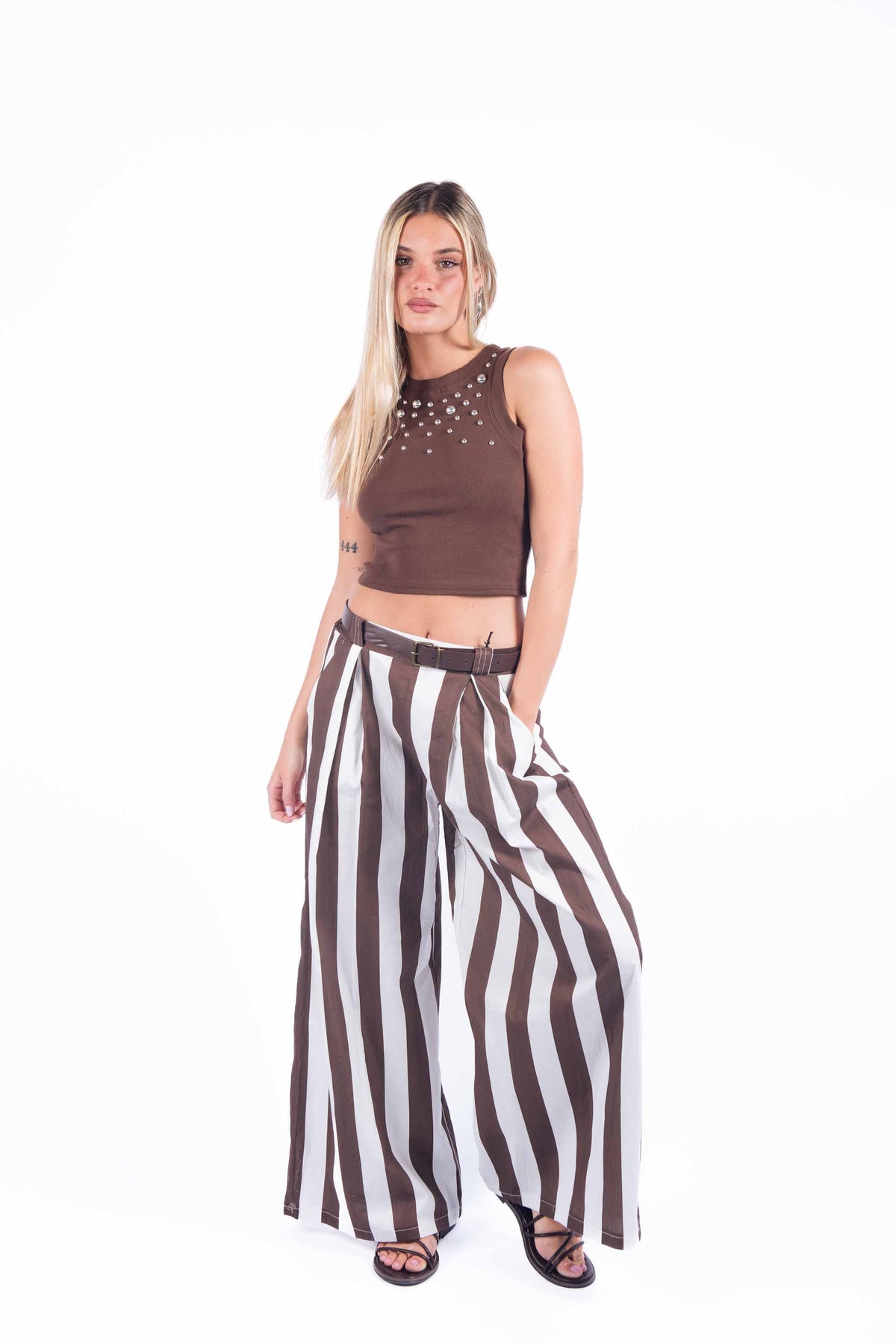 Pantaloni a Righe con Cintura Marrone/Bianco donna Miss love - 6