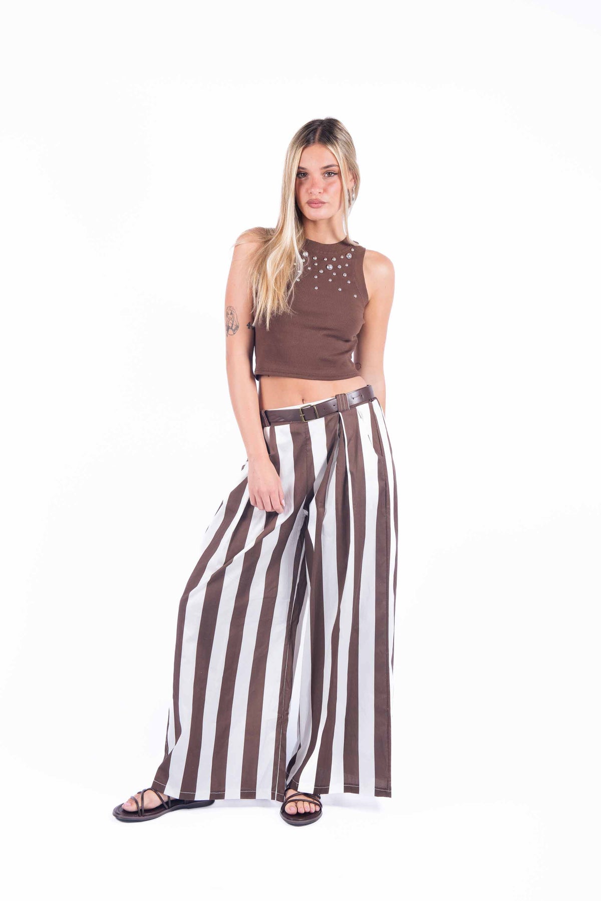 Pantaloni a Righe con Cintura Marrone/Bianco donna Miss love - 4
