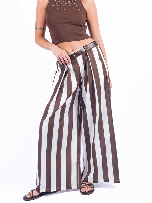 Pantaloni a Righe con Cintura Marrone/Bianco da donna Miss love