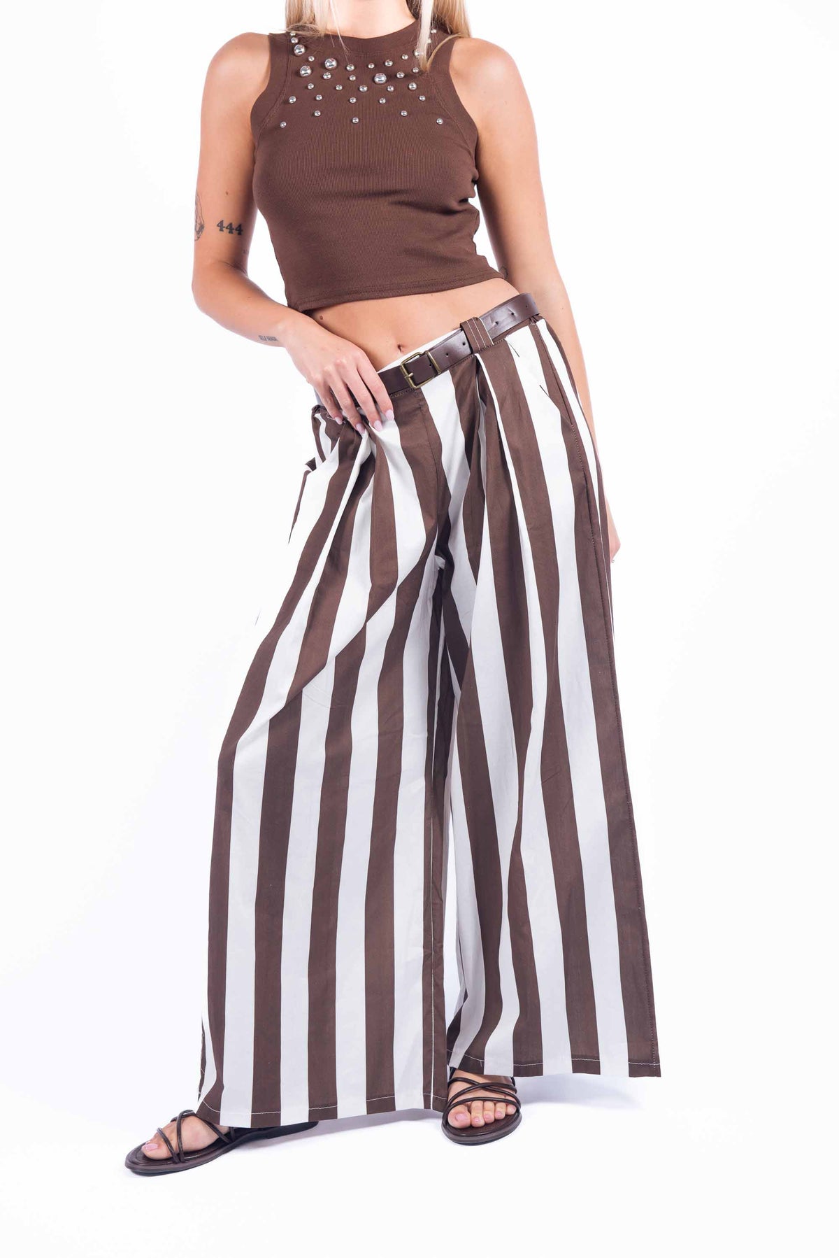 Pantaloni a Righe con Cintura Marrone/Bianco donna Miss love - 1