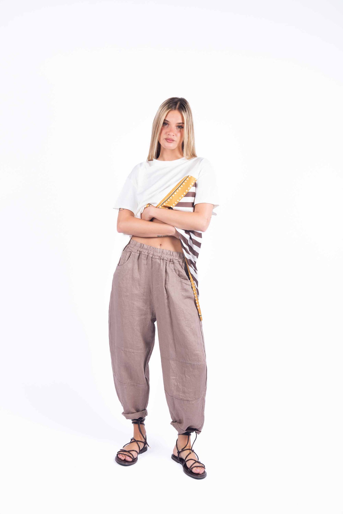 Pantaloni Lino Relax Fit Marrone donna Miss love - 5