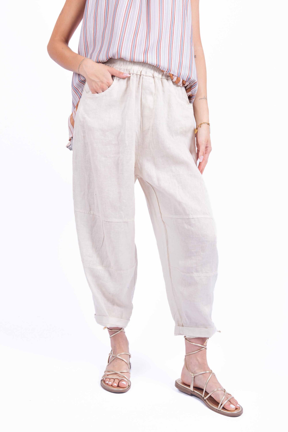 Pantaloni Lino Relax Fit Panna donna Miss love - 1