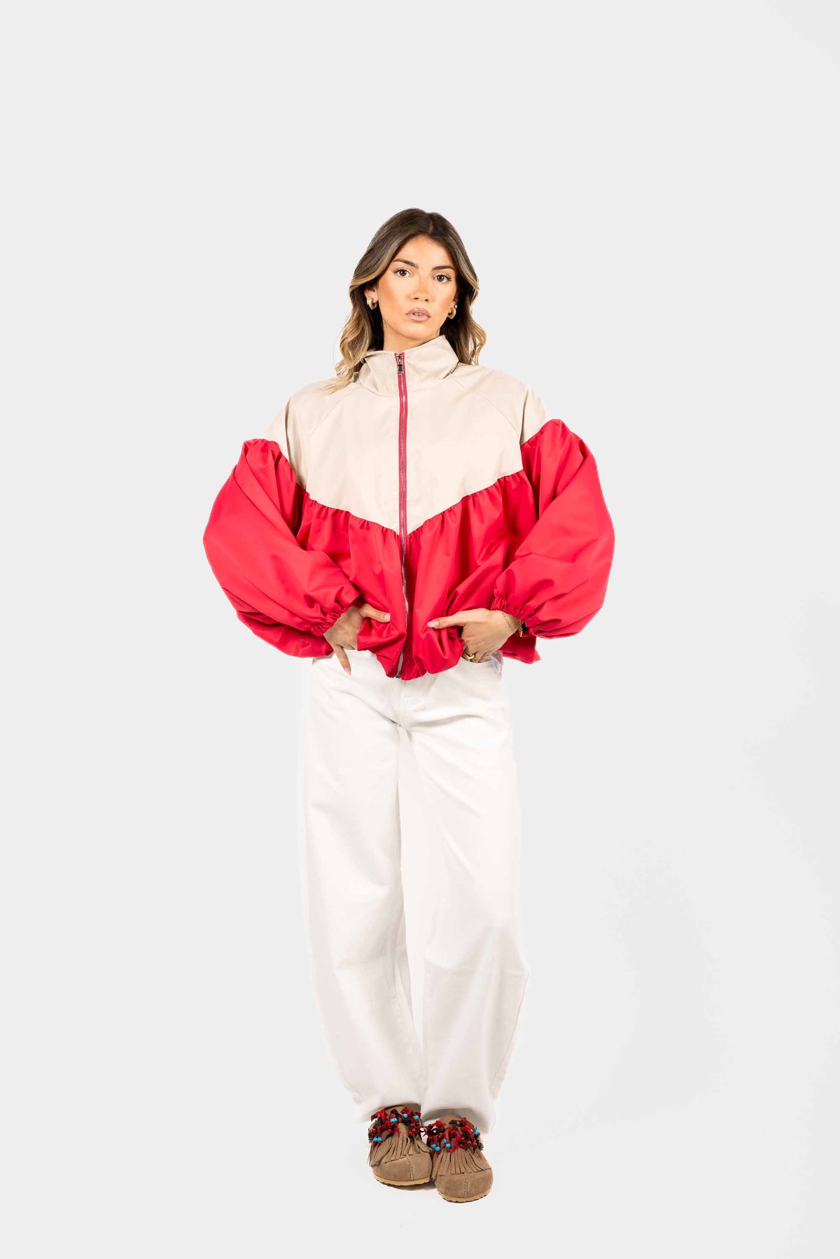 Bomber Bicolor Beige/Rosso donna Miss love - 2